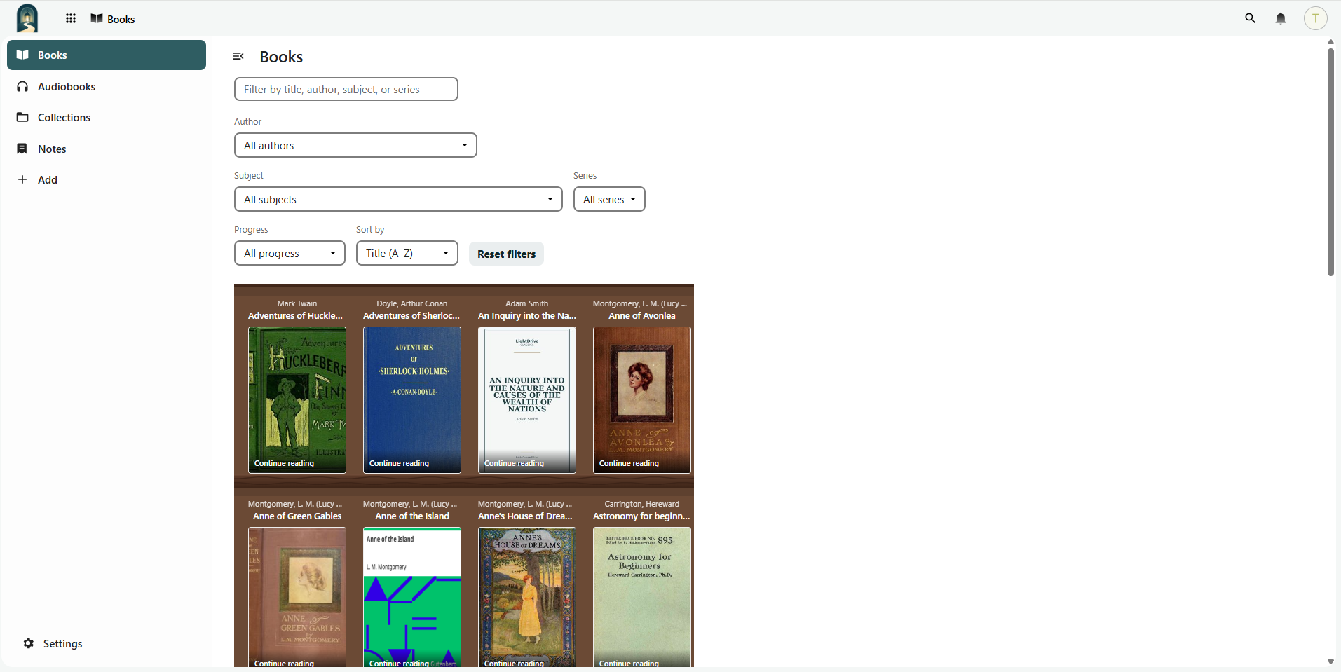 Screenshot of LightDrive Books showing library filters and books displayed on wooden shelves.