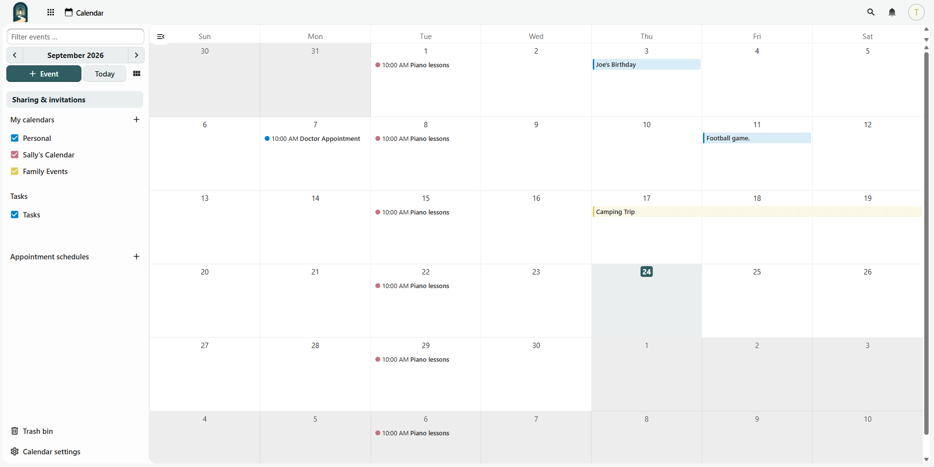 Screenshot of LightDrive Calendar showing a month view with appointments, lessons, and family events.