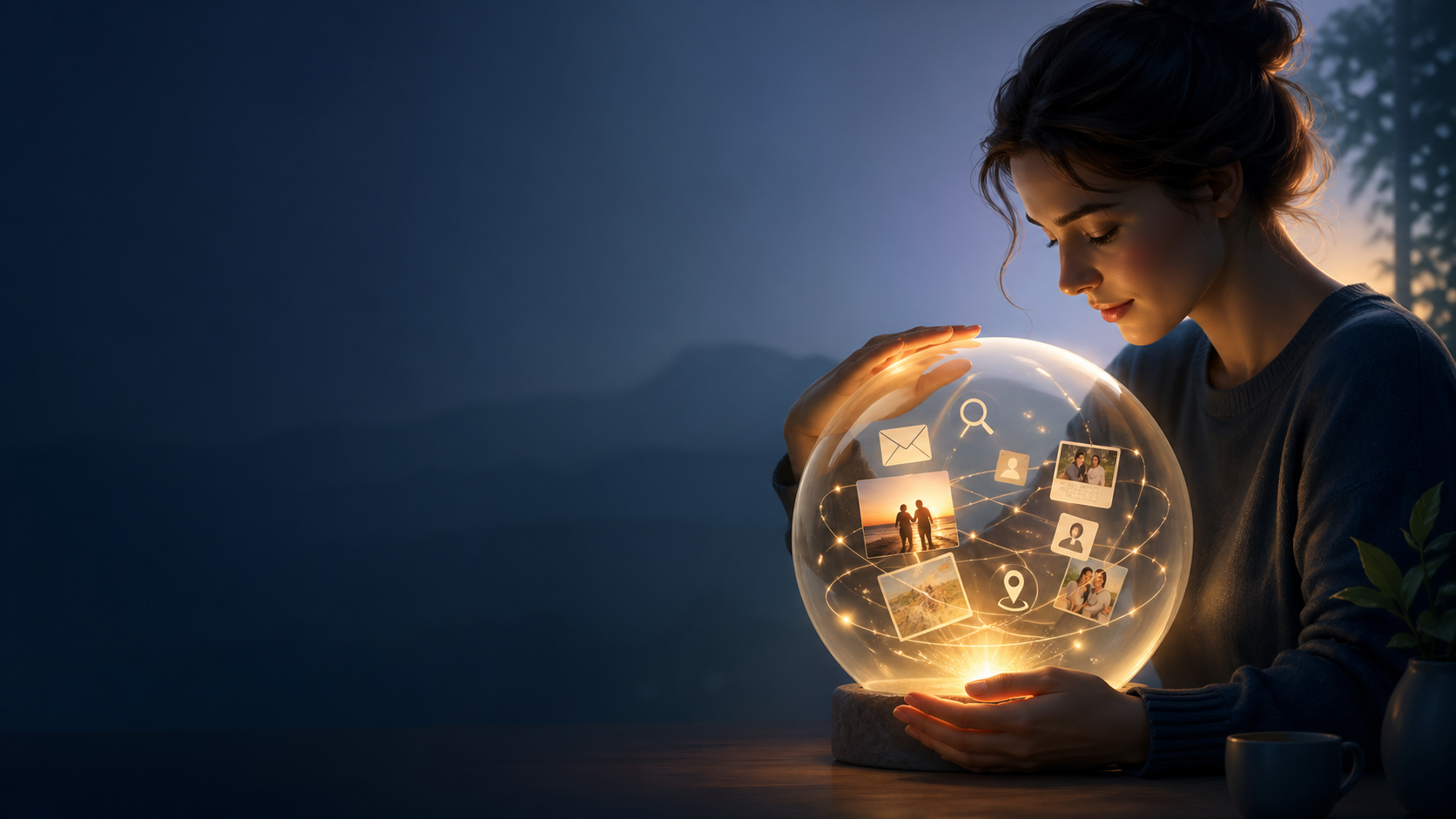A woman carefully holds a glowing sphere containing personal data including photos, emails and contacts, representing faithful stewardship of a digital life
