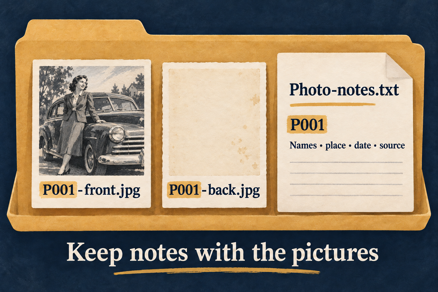 An illustrated folder contains P001-front.jpg, P001-back.jpg, and Photo-notes.txt with a P001 entry for names, place, date, and source. A line below says, Keep notes with the pictures.