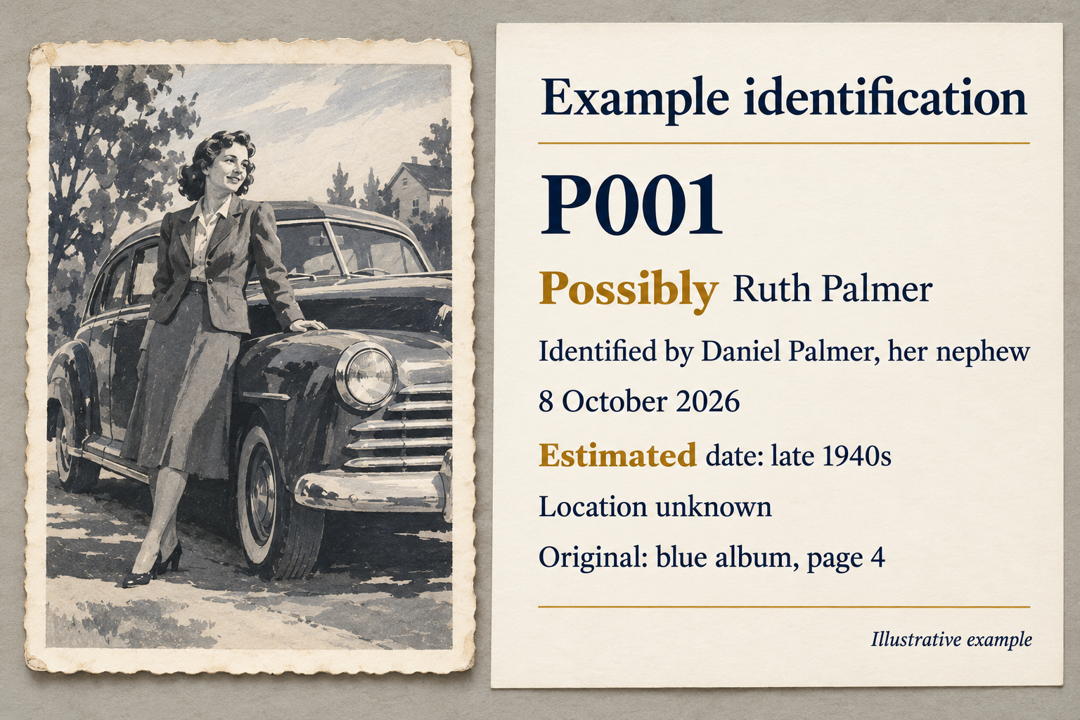 Illustrated woman beside a car with a fictional P001 note: possibly Ruth Palmer, identified by her nephew Daniel Palmer on 8 October 2026; estimated date late 1940s; location unknown; original in blue album, page 4.