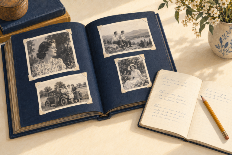 Illustration of an open navy photo album with imaginary family portraits held by photo corners, beside a handwritten notebook and pencil.
