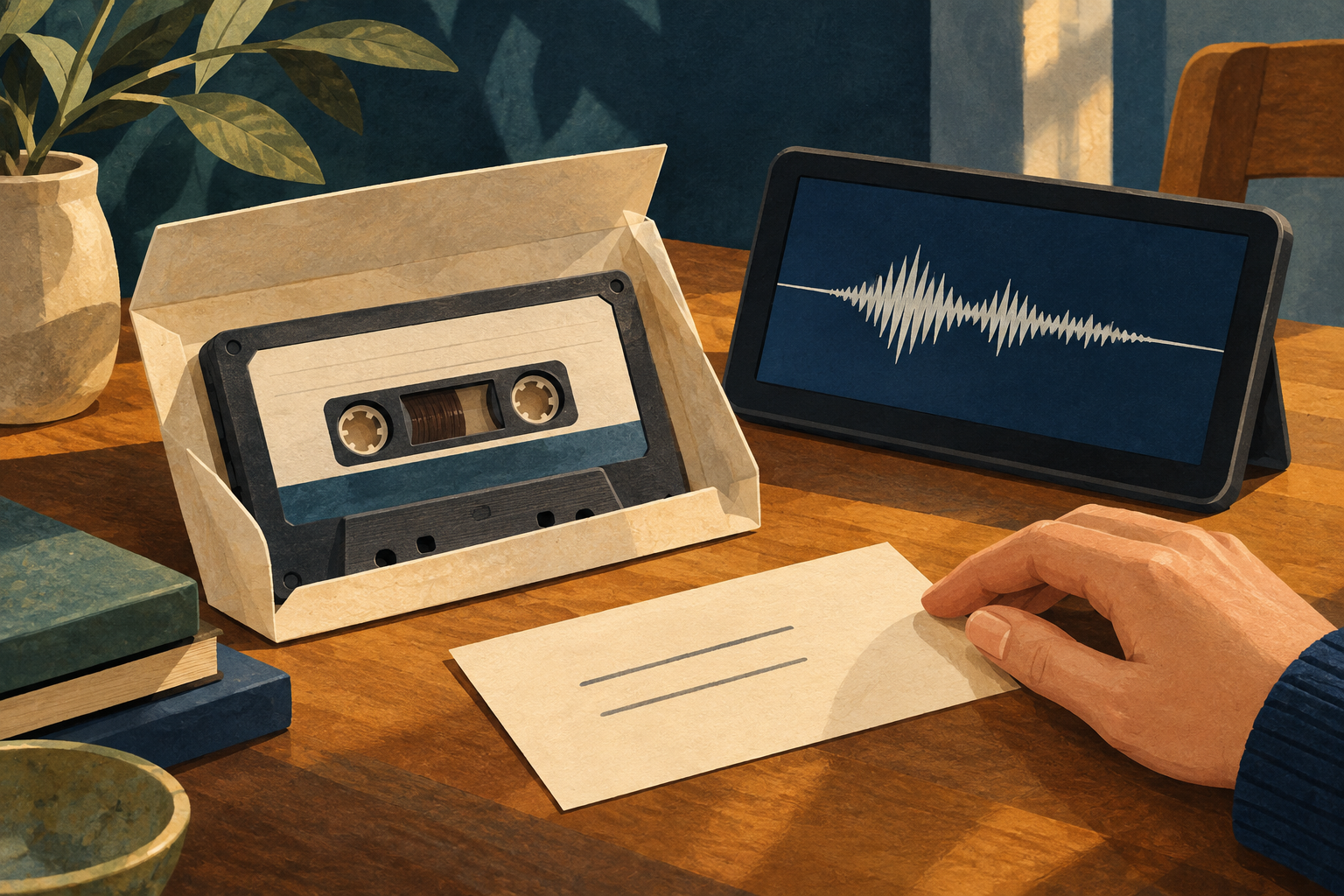 Illustration of an audio cassette, a screen with a sound waveform, and a note card beside a resting hand.