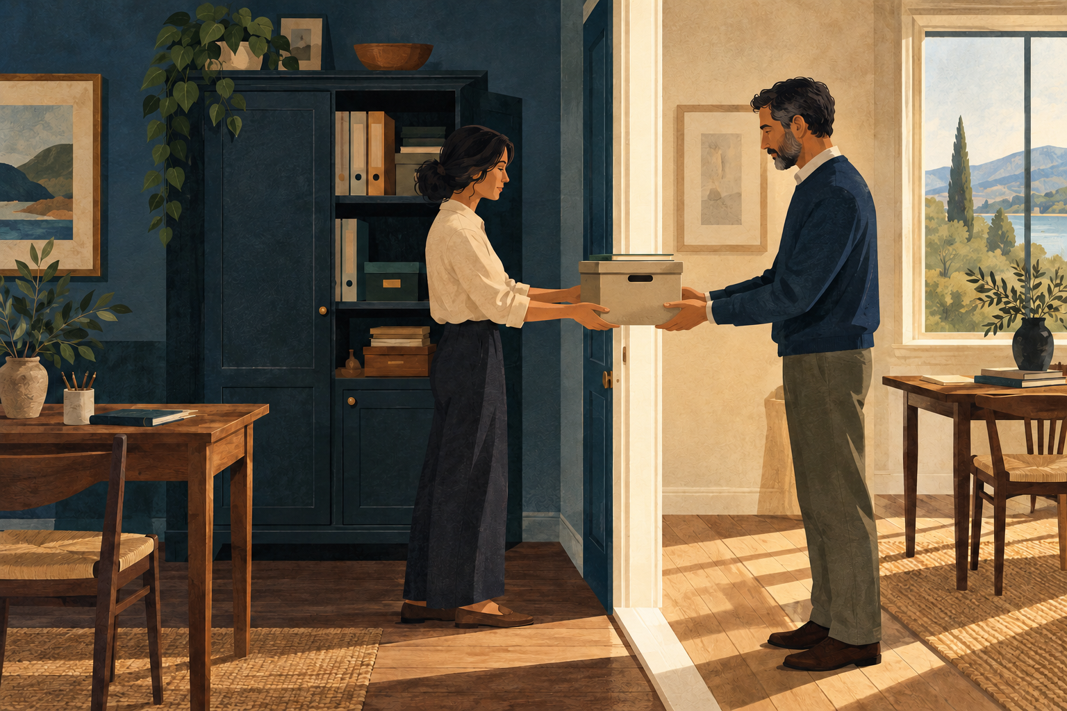 Illustration of two adults passing a small archive box through an open doorway, with an organized cabinet behind them.
