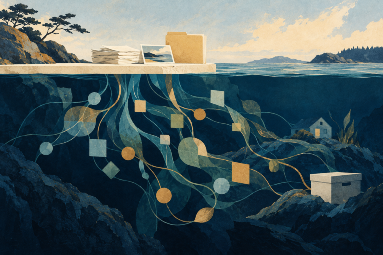 Conceptual seascape with papers and a photograph above the waterline, and branching shapes, a house, and an archive box below.