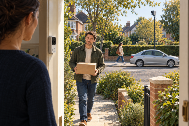 Photorealistic AI illustration of a homeowner greeting a parcel carrier, with a passerby and a sedan beyond the doorway.