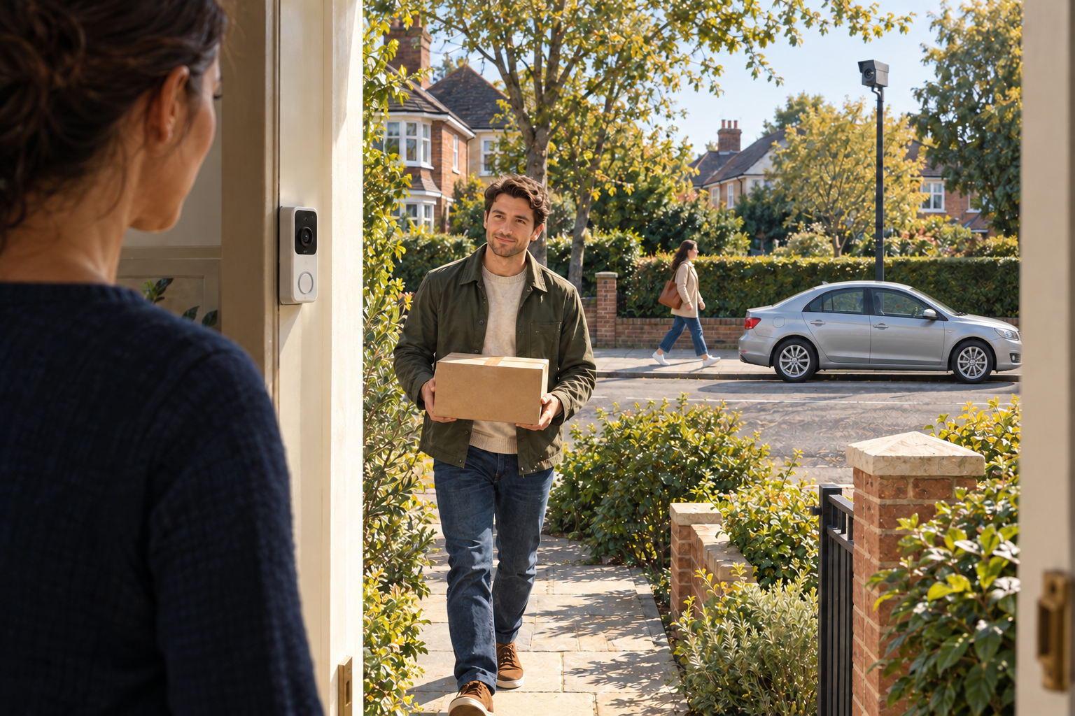 Photorealistic AI illustration of a homeowner greeting a parcel carrier, with a passerby and a sedan beyond the doorway.