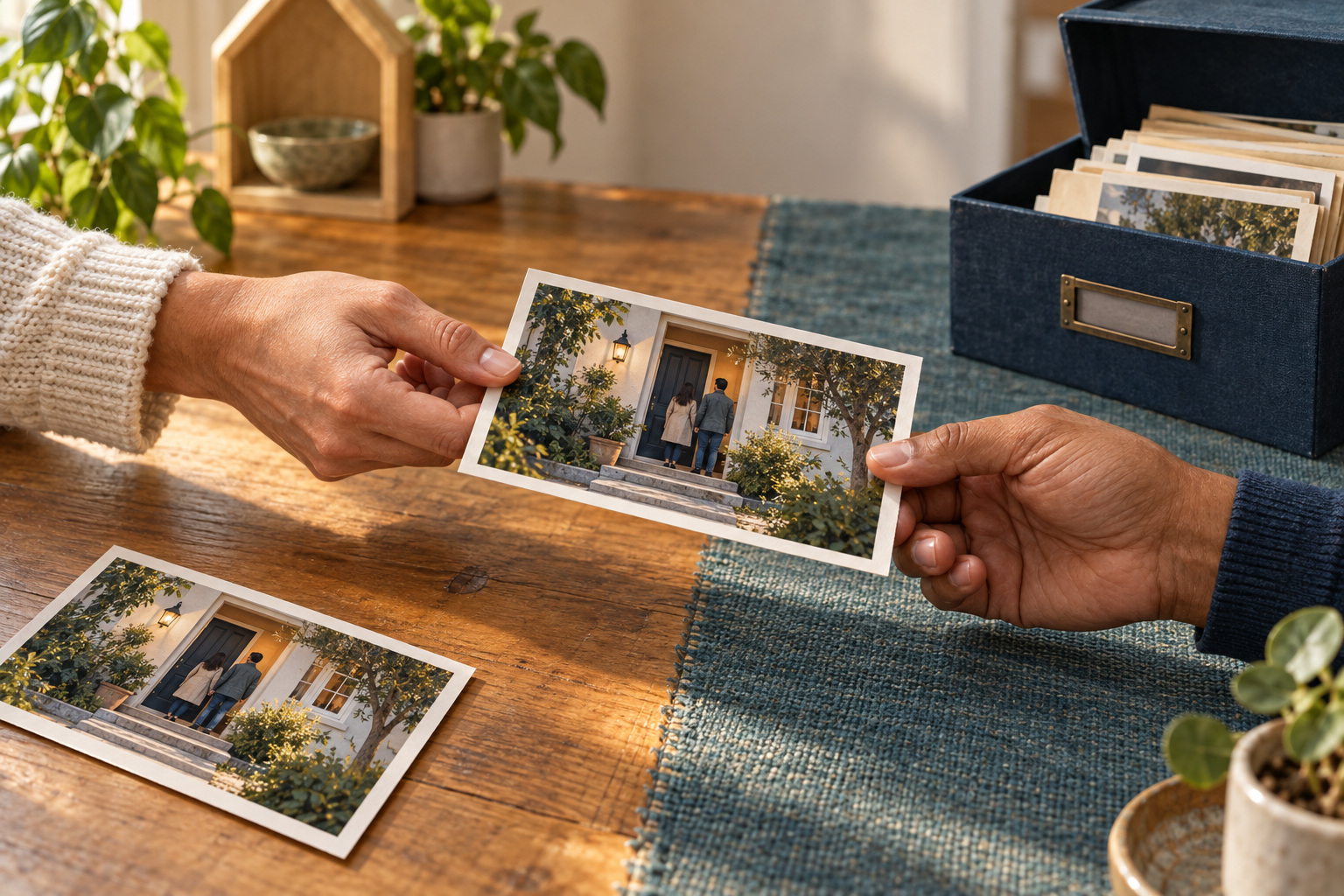 Photorealistic AI illustration of two hands passing a doorstep photograph across a tabletop, with a second copy and an archive box nearby.