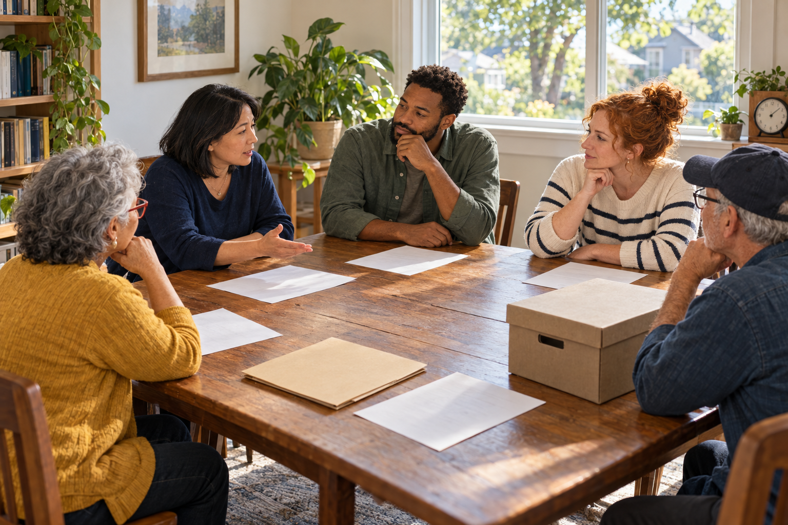 Photorealistic AI illustration of five adults discussing papers around a wooden table in a sunlit community room.